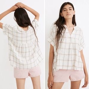 Madewell Lakeline Popover Windowpane Jacquard Shirt S Cream Brown Linen Blend